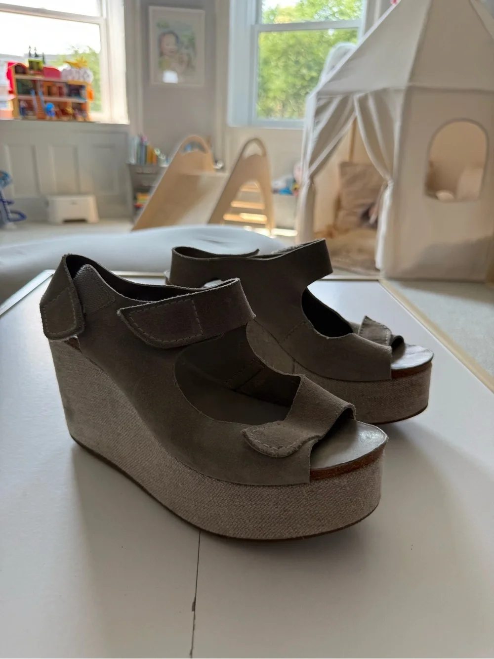 Pedro Garcia Gray Suede Platform Wedge Sandals
